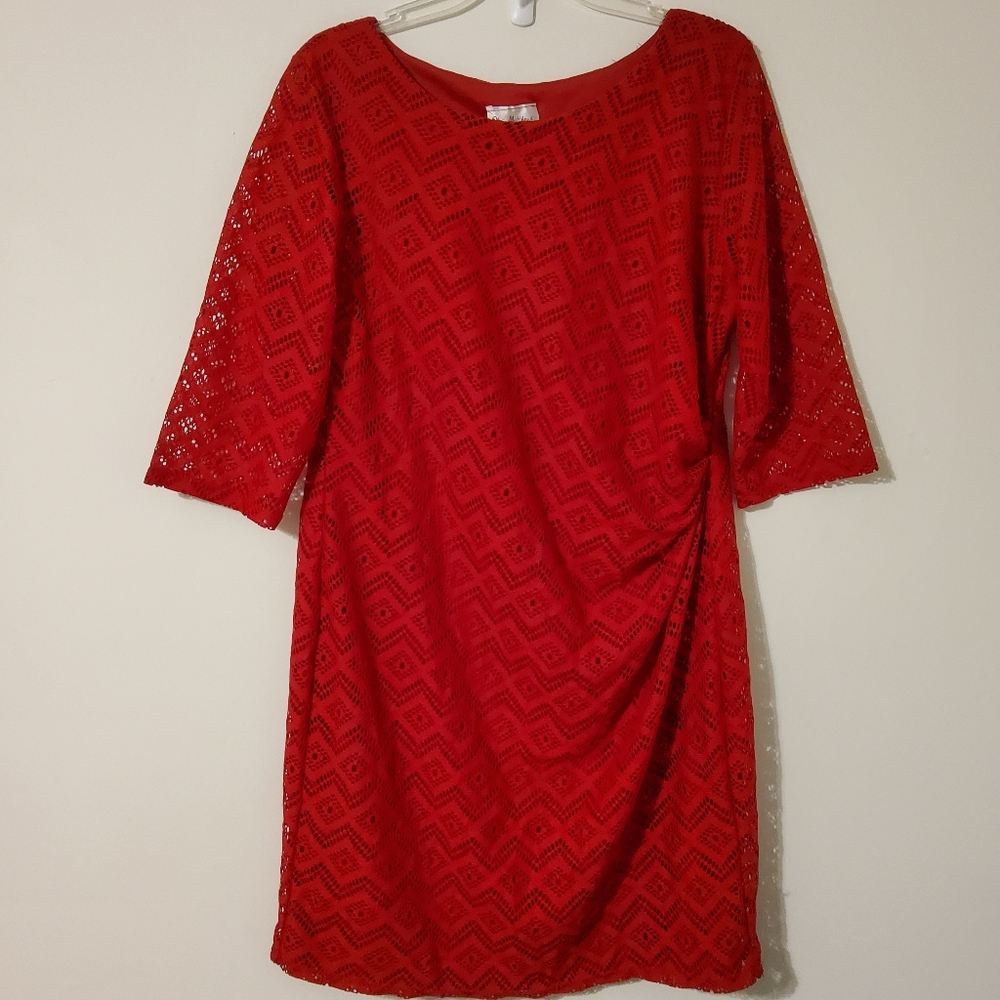 Olivia Mattheus Red Lace Mesh Long Sleeve Eyelet Ruched Dress Roundneck Size 2X